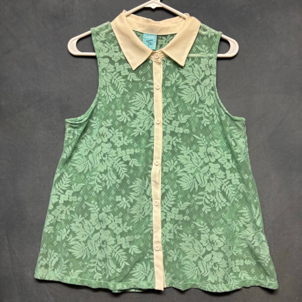 H.I.P. Lace Sleeveless Blouse Mint Green Button Front Collar Size Large Boho
